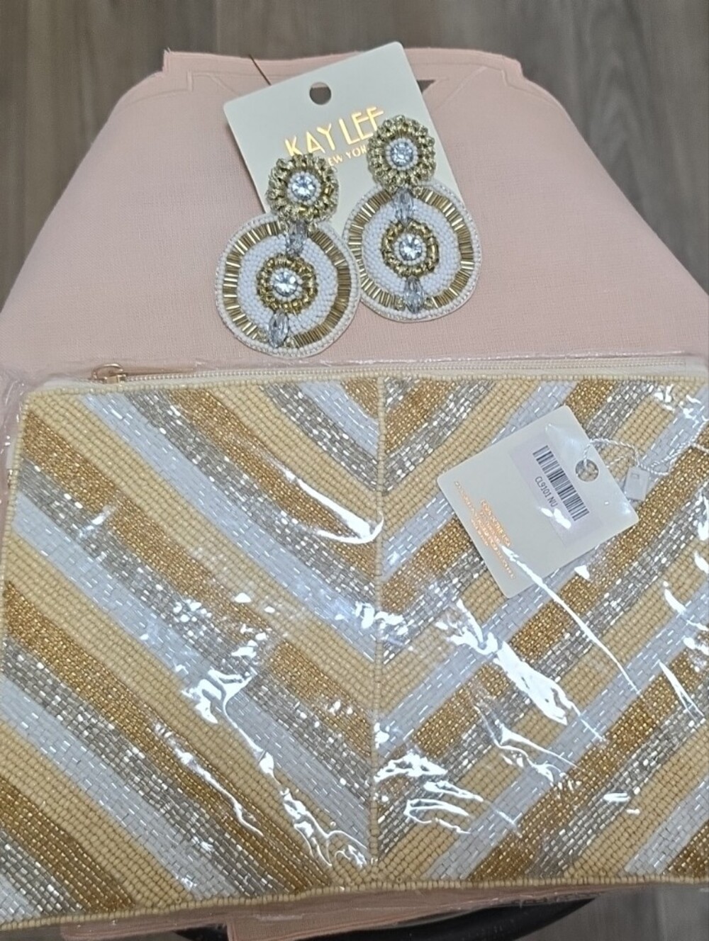 Gold & White Handbead Clutch with Matching Statement Earrings